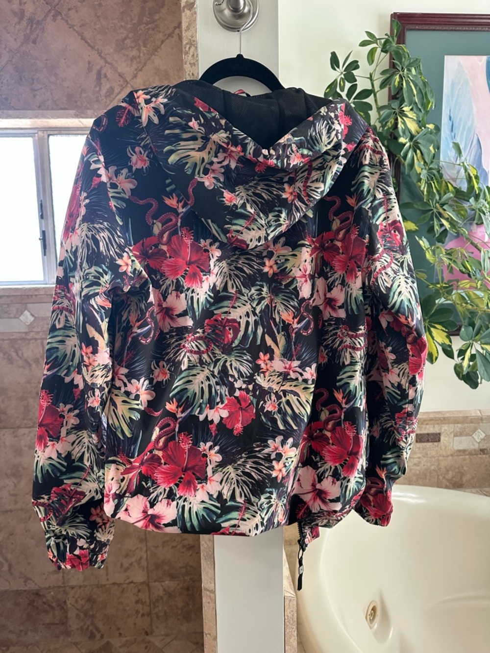Paisley & Gray Black Hoodie Windbreaker Rain Jacket with Tropical Island Print - Picture 9 of 11